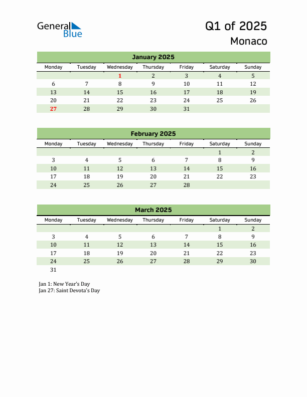 Quarterly Calendar 2025 with Monaco Holidays