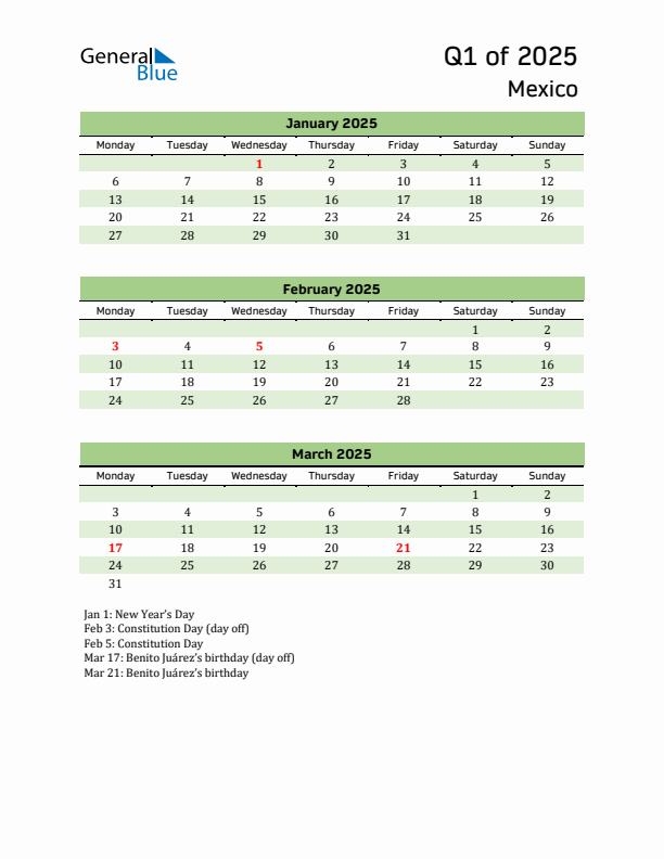 Quarterly Calendar 2025 with Mexico Holidays