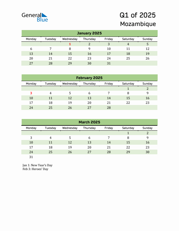 Quarterly Calendar 2025 with Mozambique Holidays