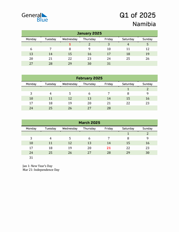 Quarterly Calendar 2025 with Namibia Holidays