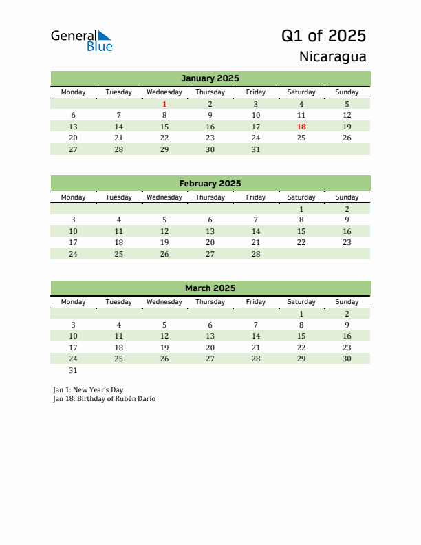 Quarterly Calendar 2025 with Nicaragua Holidays