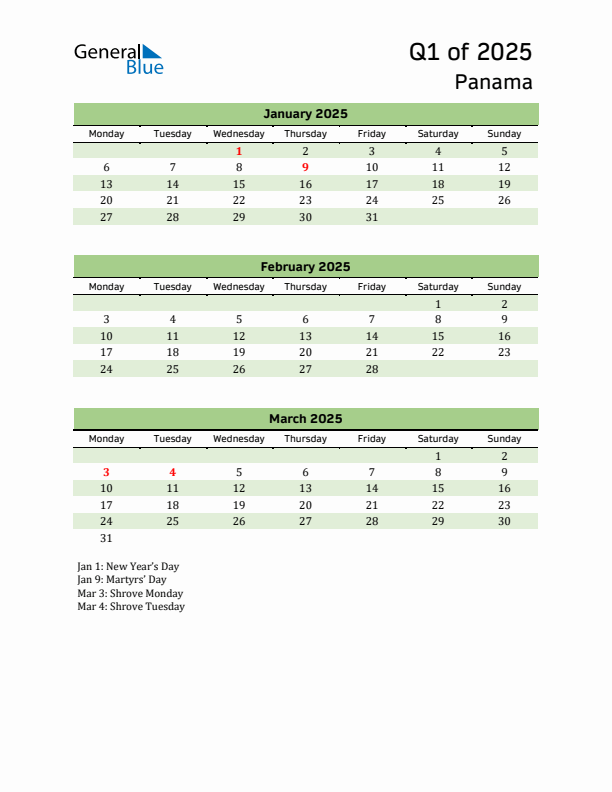 Quarterly Calendar 2025 with Panama Holidays