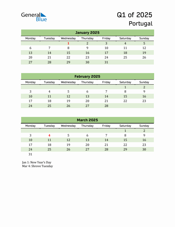 Quarterly Calendar 2025 with Portugal Holidays