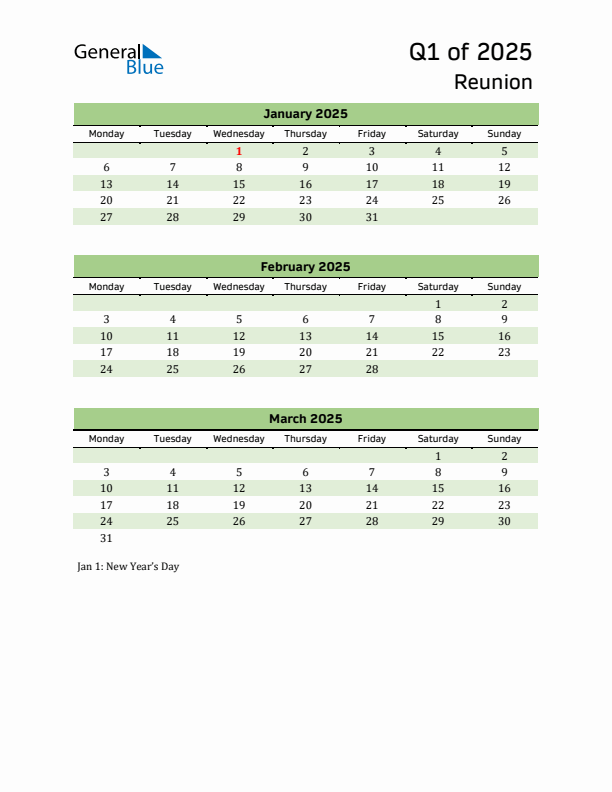 Quarterly Calendar 2025 with Reunion Holidays