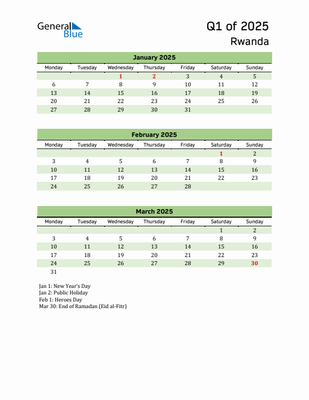 Quarterly Calendar 2025 with Rwanda Holidays