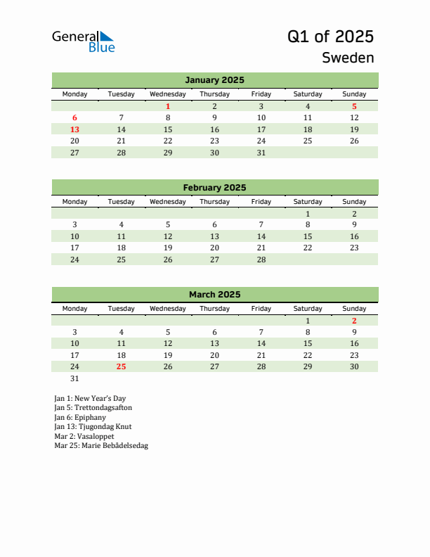 Quarterly Calendar 2025 with Sweden Holidays