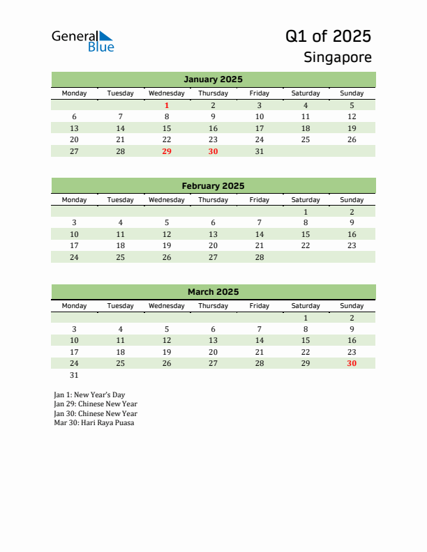 Quarterly Calendar 2025 with Singapore Holidays