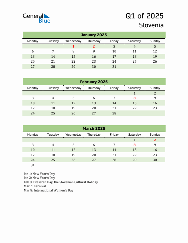 Quarterly Calendar 2025 with Slovenia Holidays