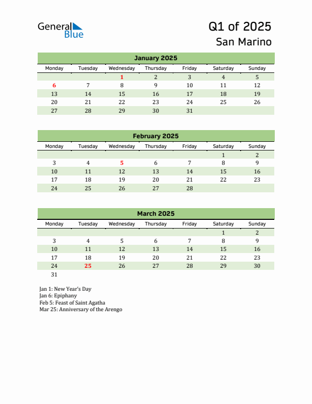 Quarterly Calendar 2025 with San Marino Holidays