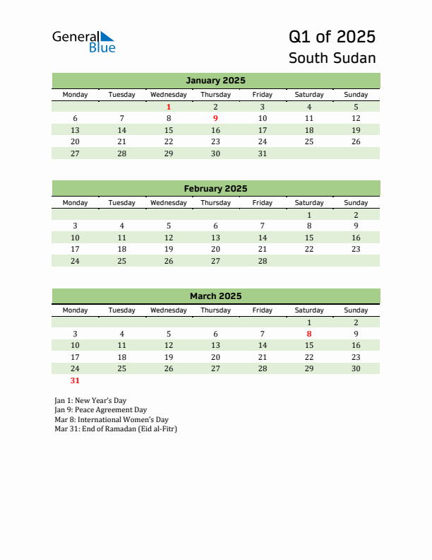 Quarterly Calendar 2025 with South Sudan Holidays