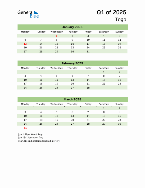 Quarterly Calendar 2025 with Togo Holidays