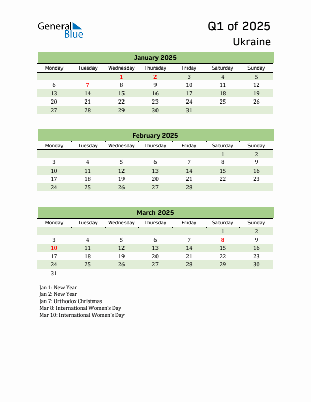 Quarterly Calendar 2025 with Ukraine Holidays