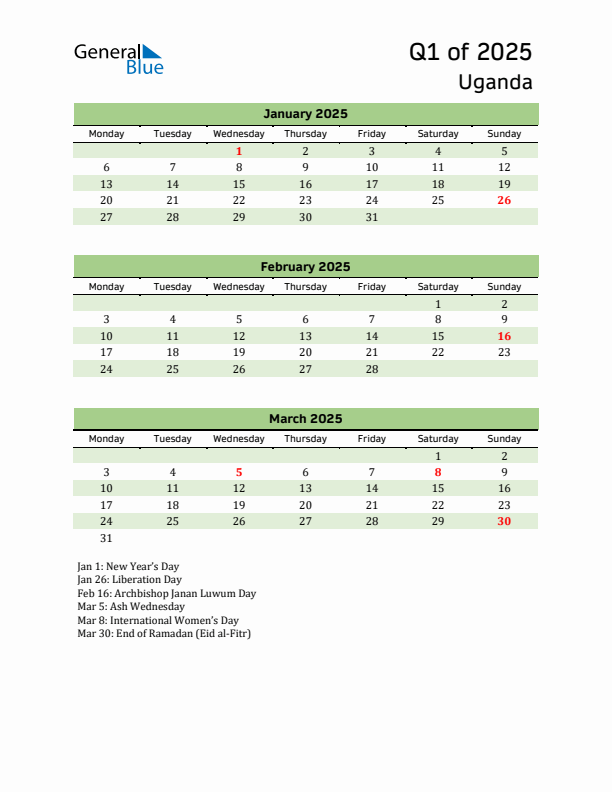 Quarterly Calendar 2025 with Uganda Holidays