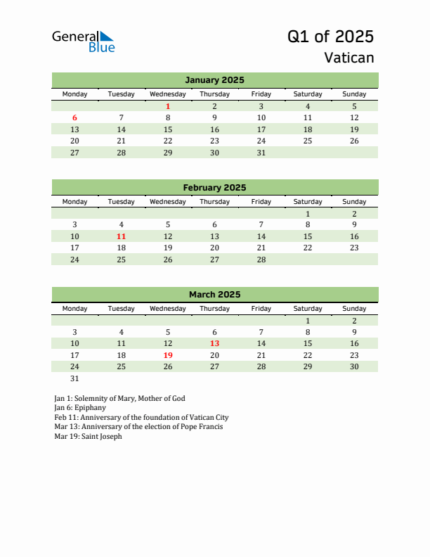 Quarterly Calendar 2025 with Vatican Holidays