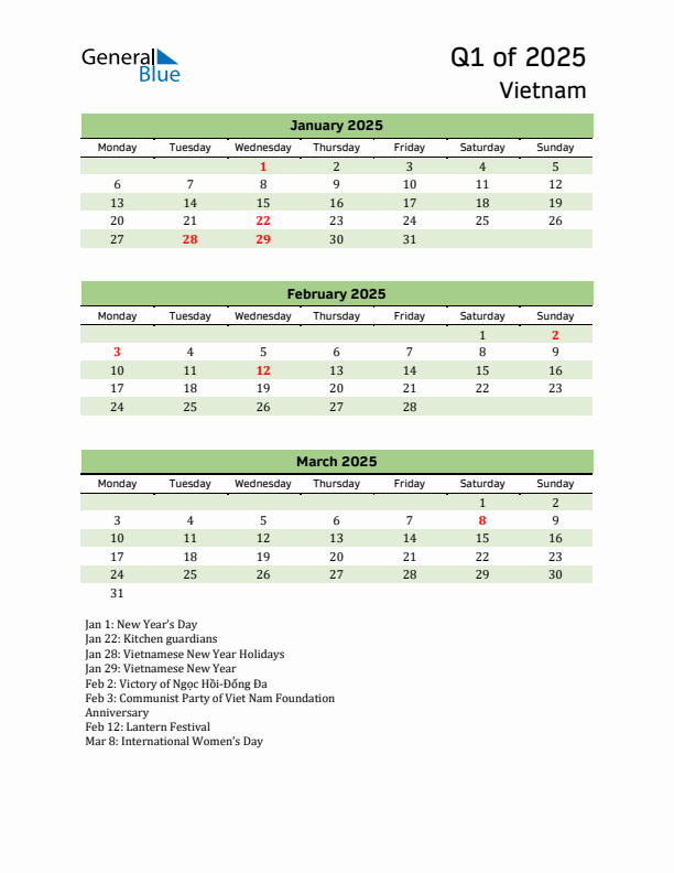 Quarterly Calendar 2025 with Vietnam Holidays