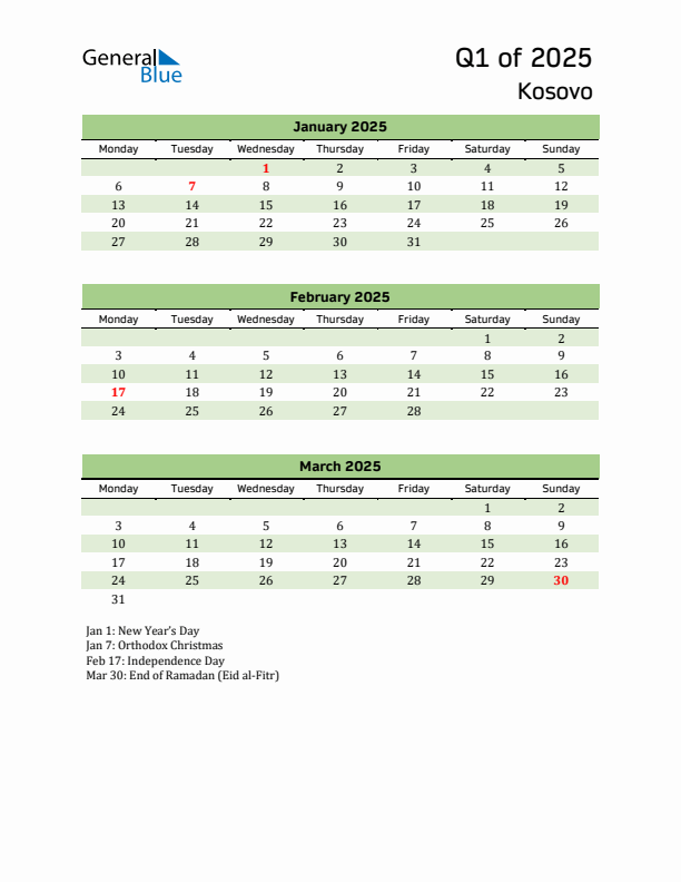 Quarterly Calendar 2025 with Kosovo Holidays