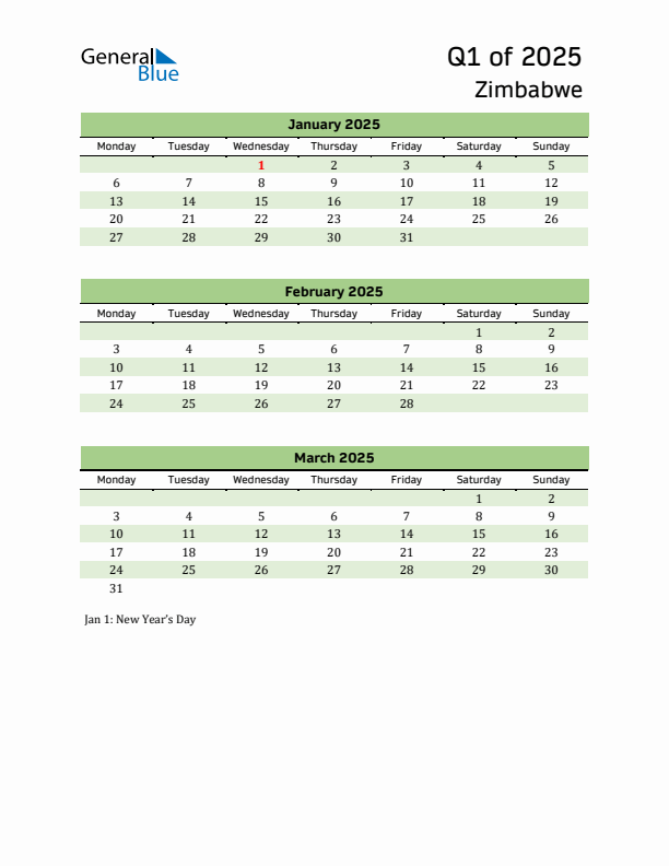 Quarterly Calendar 2025 with Zimbabwe Holidays