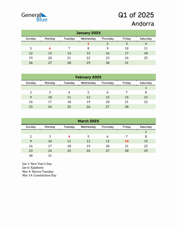 Quarterly Calendar 2025 with Andorra Holidays