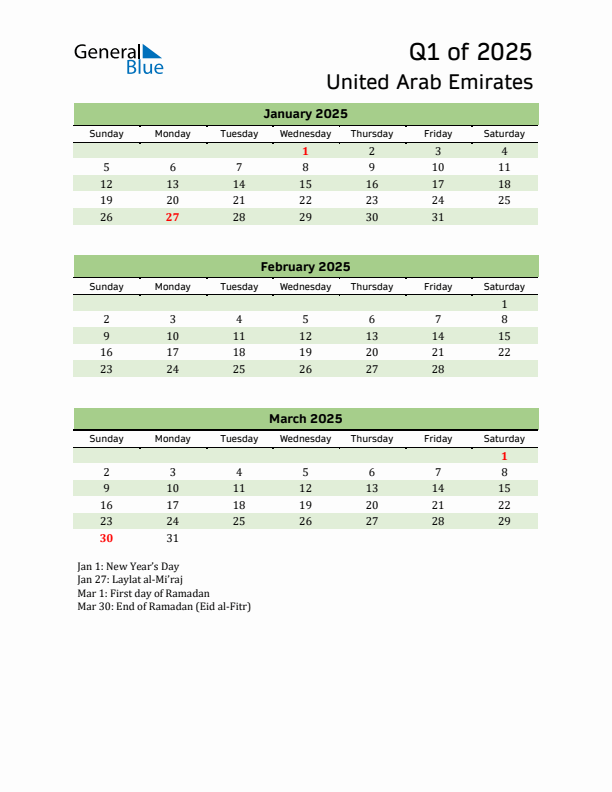 Quarterly Calendar 2025 with United Arab Emirates Holidays