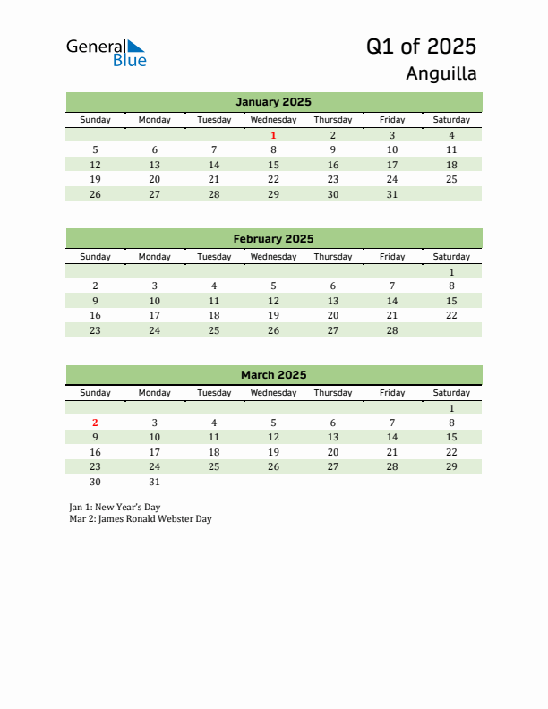 Quarterly Calendar 2025 with Anguilla Holidays