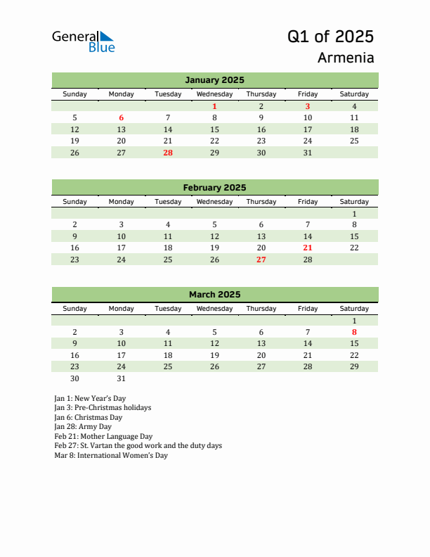 Quarterly Calendar 2025 with Armenia Holidays