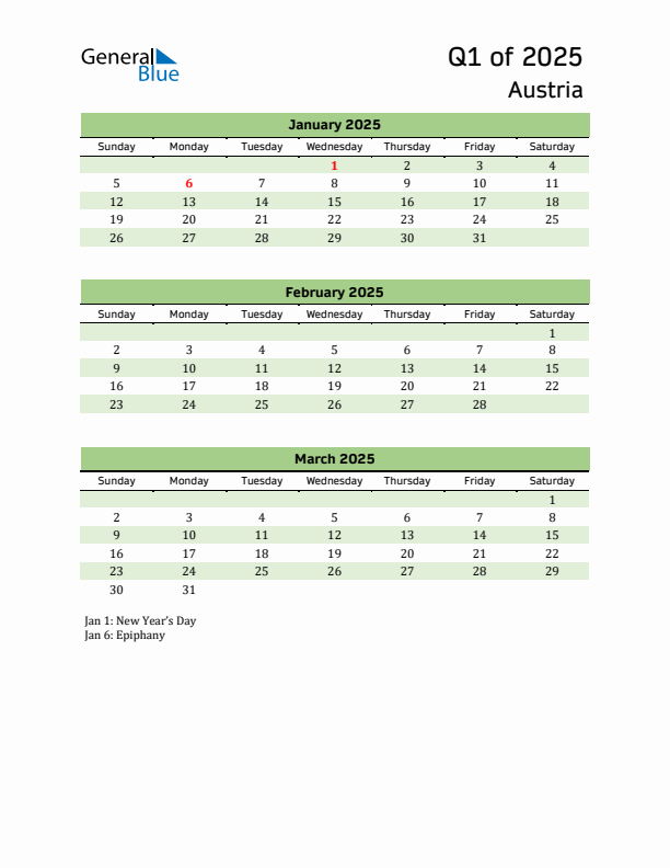 Quarterly Calendar 2025 with Austria Holidays