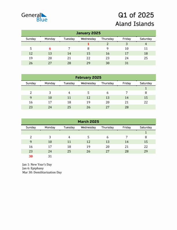 Quarterly Calendar 2025 with Aland Islands Holidays