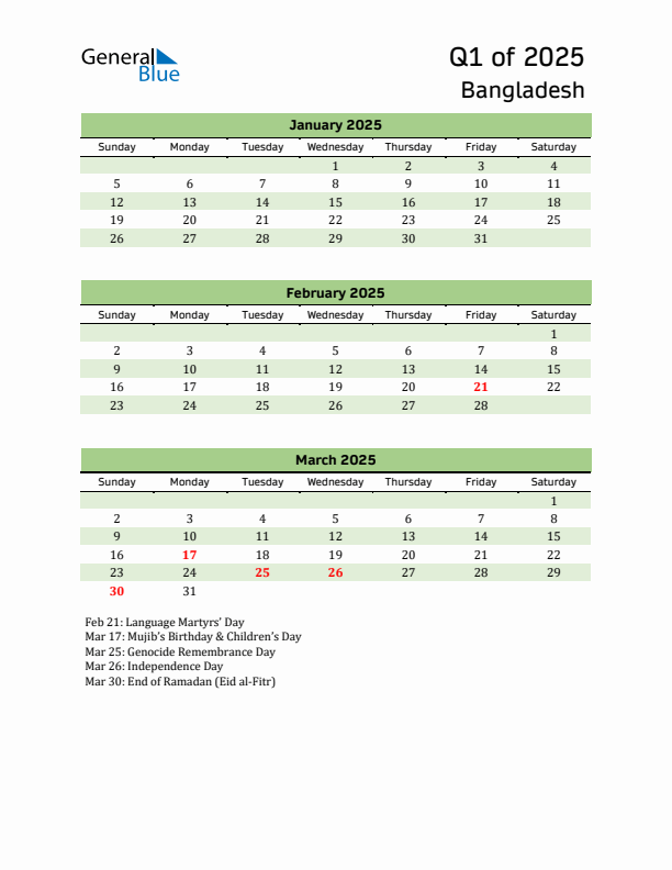 Quarterly Calendar 2025 with Bangladesh Holidays