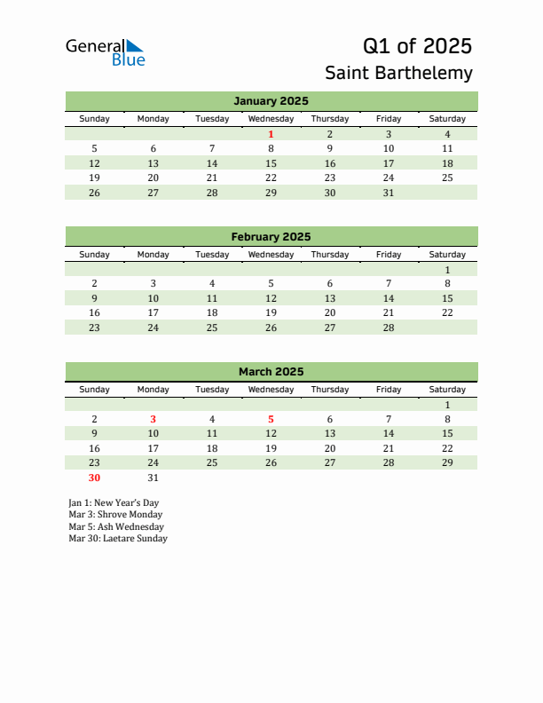 Quarterly Calendar 2025 with Saint Barthelemy Holidays