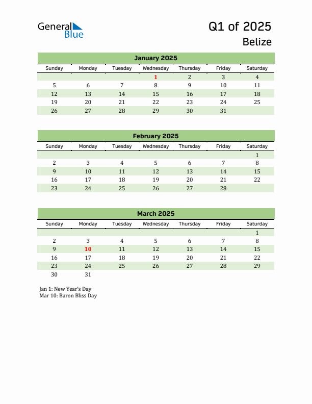 Quarterly Calendar 2025 with Belize Holidays