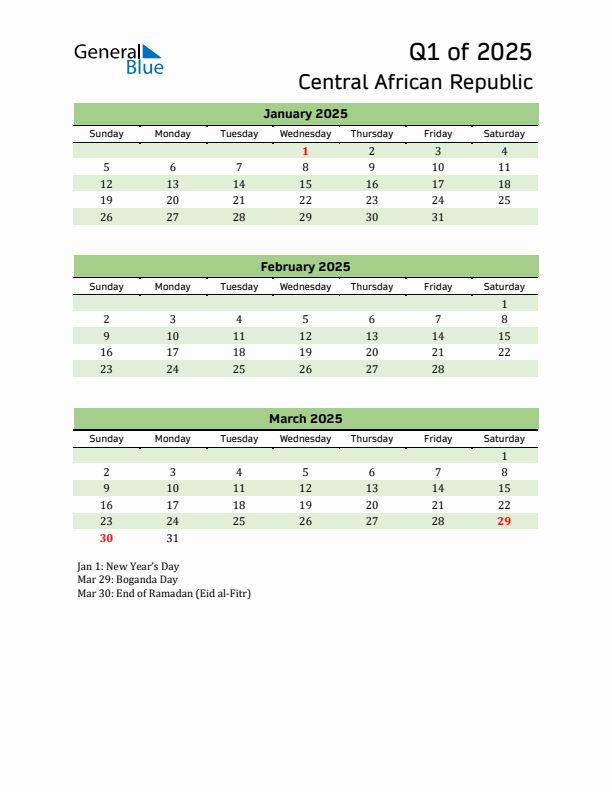 Quarterly Calendar 2025 with Central African Republic Holidays