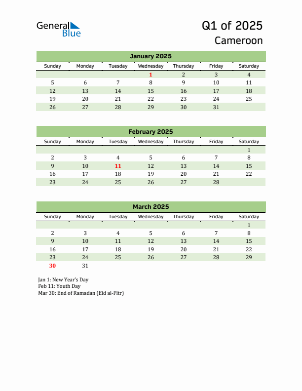 Quarterly Calendar 2025 with Cameroon Holidays