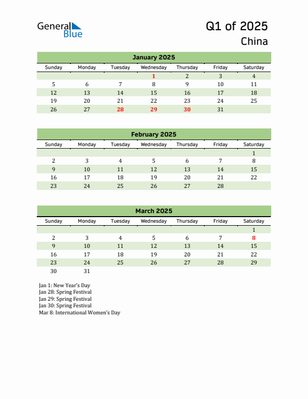 Quarterly Calendar 2025 with China Holidays