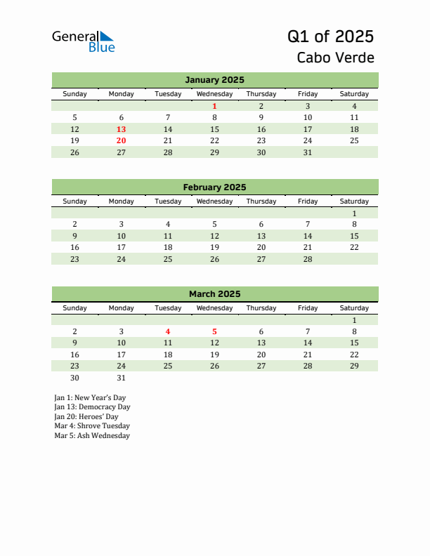 Quarterly Calendar 2025 with Cabo Verde Holidays