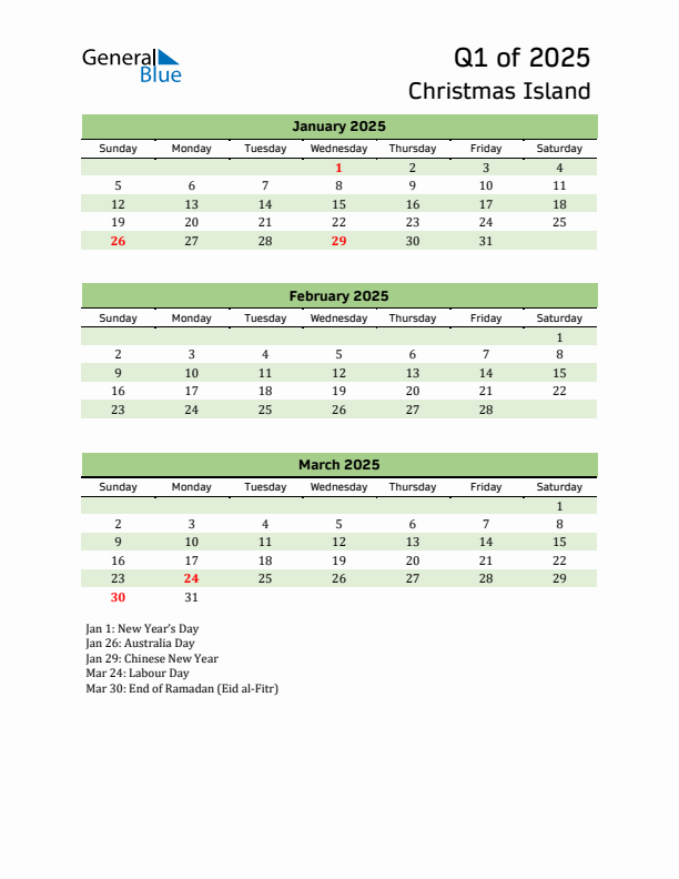 Quarterly Calendar 2025 with Christmas Island Holidays