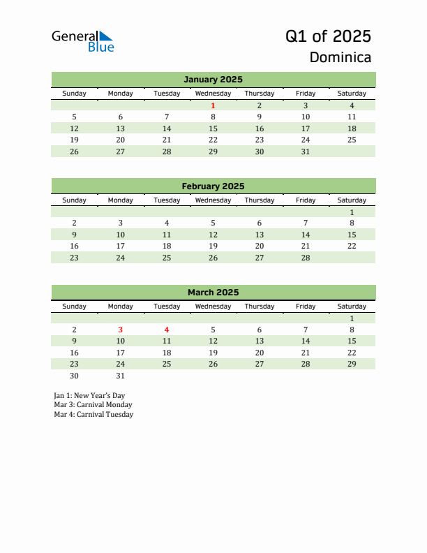 Quarterly Calendar 2025 with Dominica Holidays