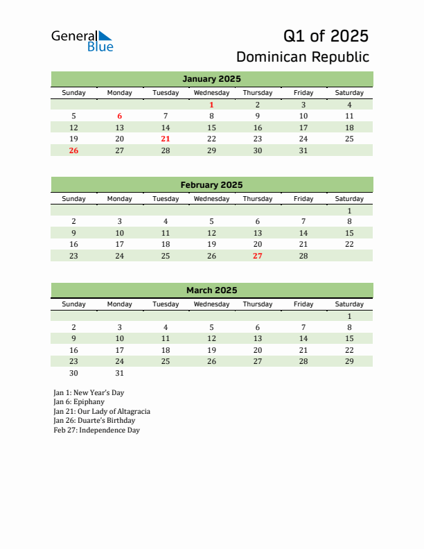 Quarterly Calendar 2025 with Dominican Republic Holidays