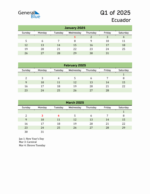 Quarterly Calendar 2025 with Ecuador Holidays