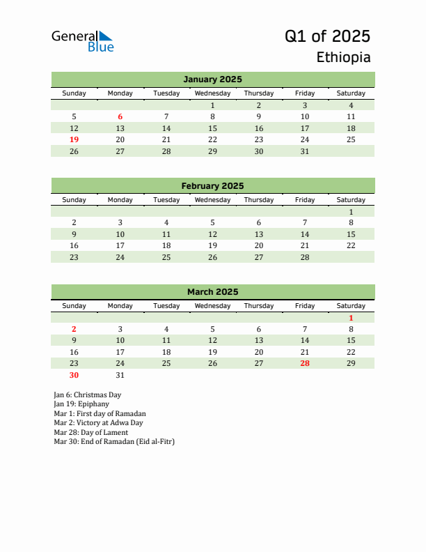 Quarterly Calendar 2025 with Ethiopia Holidays