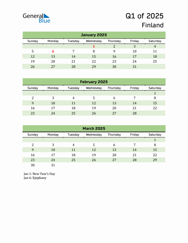 Quarterly Calendar 2025 with Finland Holidays