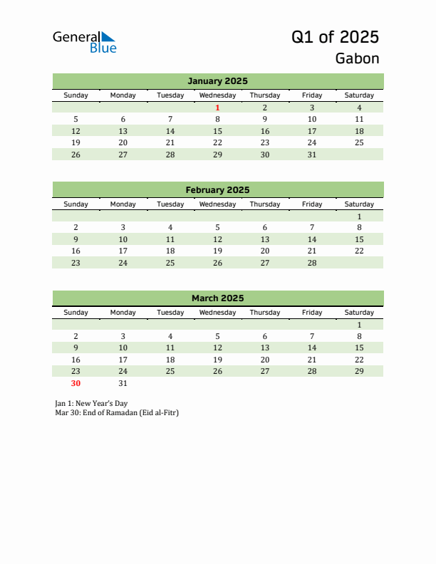 Quarterly Calendar 2025 with Gabon Holidays