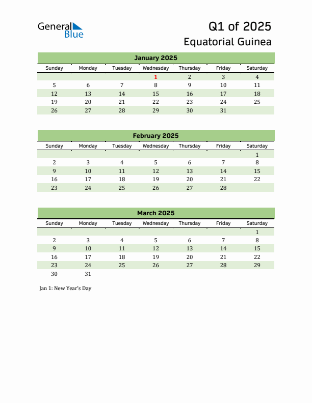 Quarterly Calendar 2025 with Equatorial Guinea Holidays