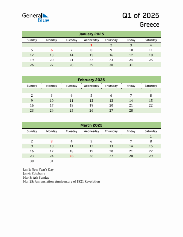 Quarterly Calendar 2025 with Greece Holidays