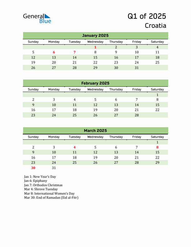 Quarterly Calendar 2025 with Croatia Holidays