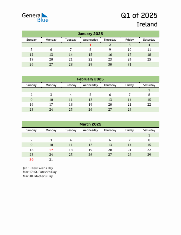 Quarterly Calendar 2025 with Ireland Holidays