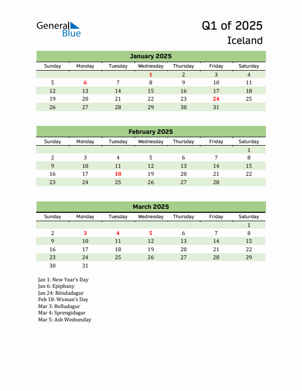 Quarterly Calendar 2025 with Iceland Holidays