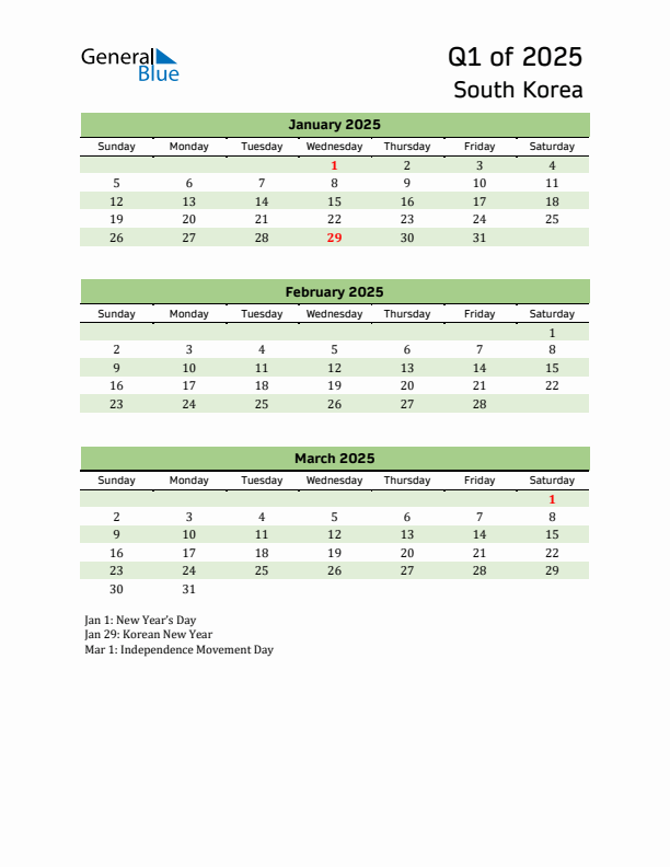 Quarterly Calendar 2025 with South Korea Holidays