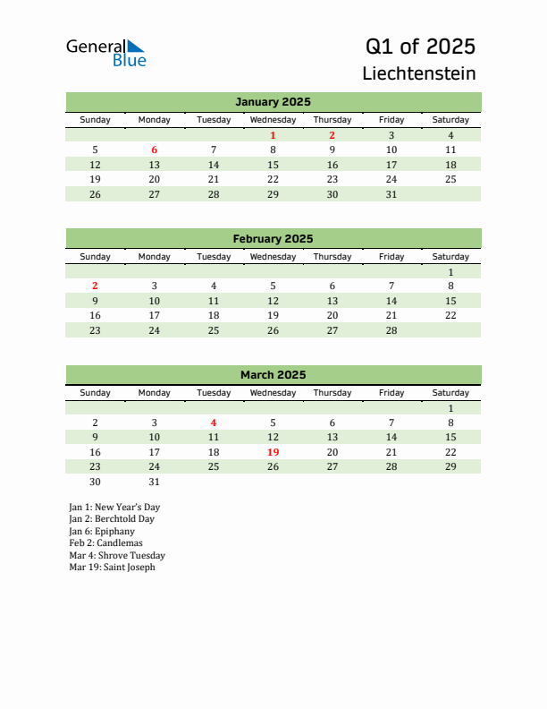 Quarterly Calendar 2025 with Liechtenstein Holidays