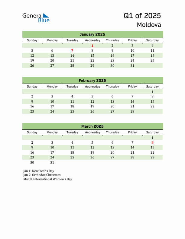 Quarterly Calendar 2025 with Moldova Holidays