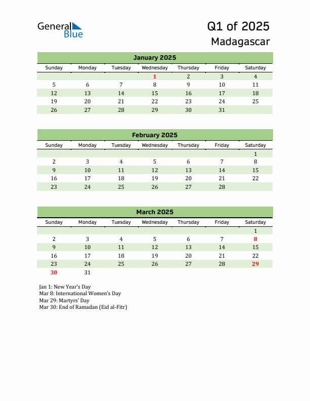 Quarterly Calendar 2025 with Madagascar Holidays